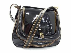 1円 ■美品■ FENDI フェンディ パテントレザー ショルダーバッグ 肩掛けかばん レディース ブラック系 AV7533