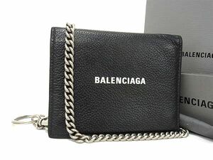 1円 ■美品■ BALENCIAGA バレンシアガ レザー Wホック 三つ折り 財布 ウォレット メンズ レディース ブラック系 AV9174