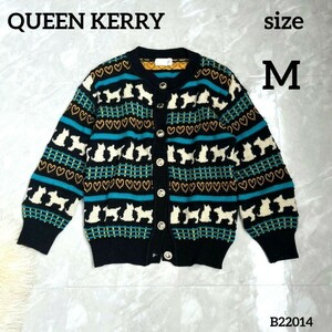 QUEEN KERRY 犬・ハート総柄　長袖ニットカーディガン　size　M