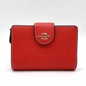 1円 極美品 COACH コーチ シュリンクレザー 2つ折り財布 コンパクトウォレット レッド 赤 レディース L字ファスナー