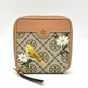 1円 良品 TORY BURCH トリーバーチ Tモノグラム デイジー 小鳥 ジャガード コンパクトウォレット ラウンドファスナー 2つ折り財布 