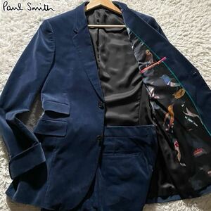 極美品/Lサイズ●現行タグ ポールスミス ベロア ベルベット スーツ セットアップ Paul Smith ボックスロゴ ネイビー 裏地オウム 鳥 総柄