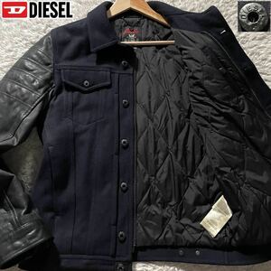 美品●DIESEL ディーゼル カーフレザー切替 ウールジャケット 牛革 ブルゾン 刻印ボタン 胸元ロゴプレート ネイビー ブラック M