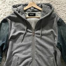 極美品/Lサイズ●DIESEL ディーゼル デニム切替 パーカー Gジージャン ジャケット ジップアップ フード インディゴ ダメージ加工 ロゴ金具_画像2