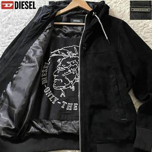 極美品/XL相当●DIESEL ディーゼル ゴートレザー パーカー フード ジャケット ジップアップ 山羊革 ロゴ金具 裏地ブレイブマンロゴ 黒