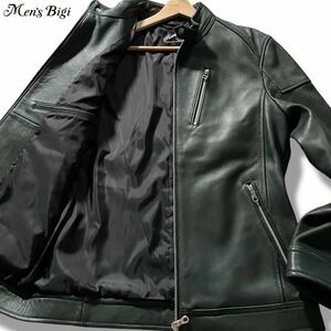 極美品/Lサイズ●メンズビギ 高級ラムレザー ジャケット ブルゾン ライダース シングル Men's Bigi ダブルジップファスナー 羊革 グリーン