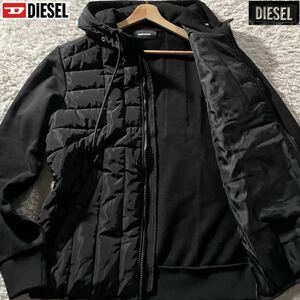 極美品/L相当●DIESEL ディーゼル 中綿ナイロン 袖切替 パーカー フード ジップ ジャケット アウター キルティング フードロゴ 黒 ブラック