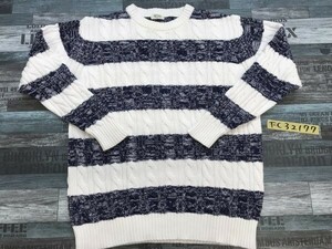 Navy ネイビー メンズ ボーダー ケーブル コットン ニットソー L 白紺