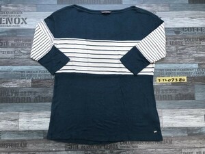 TOMMY HILFIGER トミーヒルフィガー レディース ボーダー切替 ボートネック 七分袖Tシャツ S 青緑×白