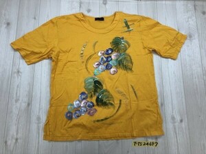 美品！CLEAN STREAM レディース 綿 日本製 ペイント風花柄プリント サイドスリット 半袖Tシャツ 黄色