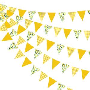 【新着商品】紙 約13.5m長黄色格子縞花レモン三角旗 アウトドア 旗 飾りガーランド ペナント装飾 誕生日 飾り付け 100日祝