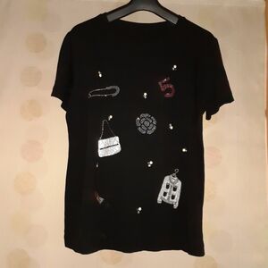 Tシャツ カットソー 半袖 黒 ブラック 五番 No5 リップ デコレーション