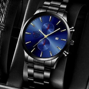 ブラック青　メンズカジュアル腕時計クォーツ電池式ビジネスシンプルカレンダーデイト黒 日本未入荷