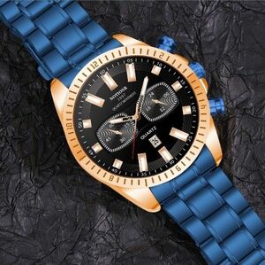 w291 ☆メンズ腕時計デイトビジネススーツビッグフェイスカジュアル電池式ブルー 高品質 防水 腕時計