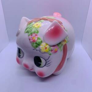 【当時物】豚の貯金箱 陶器製 ピンクリボン ピンクのブタ アンティーク