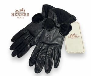 ★レア HERMES エルメス ヴィンテージ レザー スエード リボンモチーフ グローブ 手袋 ブラック フランス製 正規品