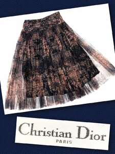 キングラム[05]Christian Dior[ディオール]プリーツチュール メッシュレース ミモレ丈スカート サイズ44 ボタニカル柄【送料無料】4948