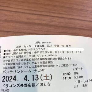 ユニホーム配布日★4/13(土)14:00 バンテリンドームナゴヤ 中日対阪神 ドラゴンズ外野応援/おとな 1塁ライト側 通路横近1枚