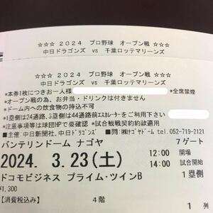 定価以下★3/23(土)14:00 バンテリンドームナゴヤ オープン戦 中日対千葉ロッテ プライムツインB 1塁ライト側 最前列(飲食付帯なし) 2枚1組