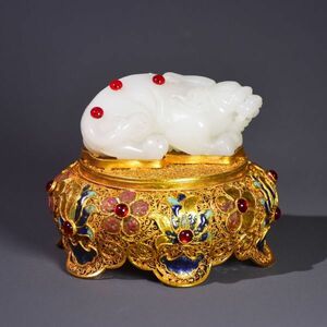 旧家蔵出し 中国唐物 清時代 乾隆年製 古銅金塗 金絲工芸 和田玉獸 極細工 古美術品 時代物 古董品 収集家【U-1460】