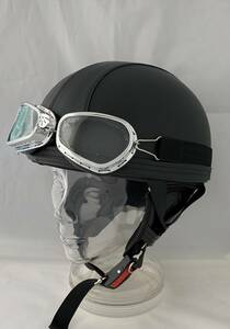 ゴーグル付き半キャップヘルメット　ビンテージヘルメット　ハーフキャップヘルメット　レザーブラック