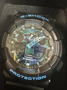 美品 CASIO カシオ G-SHOCK カモフラージュ柄 ブルー クォーツ デジアナ メンズ 腕時計 稼働 GA-100CB