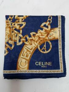 CELINE セリーヌ ハンカチ ロゴリング あぶみチェーン 51cm×51cm 青 透かし入り 赤ロゴリボン柄 ブランド品 装飾小物 