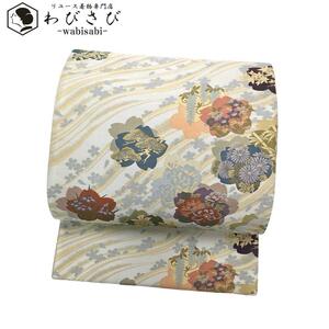 袋帯 作家物 黄櫨染 桜の花柄の中に四季の花模様 雲井鼠色 O-3310