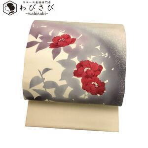 Art hand Auction Nagoya obi, Shiose, Red floral and leaf patterns, Hand-painted, Koji color, O-3374, band, Nagoya Obi, Ready-made