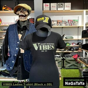 VIBES バイブズ レディースTシャツ 6,2オンス ブラック×オリーブドラブ Mサイズ BIKE バイカーウエア