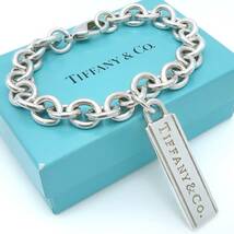 【送料無料】 極希少 Tiffany&Co. ヴィンテージ ティファニー ロゴ プレート シルバー ブレスレット SV925 ドーナツ チェーン HT47_画像1