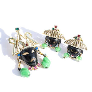 ★40s Vintage tribal blackmoor earrings & brooch set