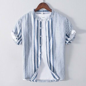 2XL ブルー リネンシャツ メンズ 半袖 ストライプ柄 麻 カラー配色 バンドカラー 通気 涼感 涼しい 夏 麻100％ 半袖シャツ 涼しい トップス