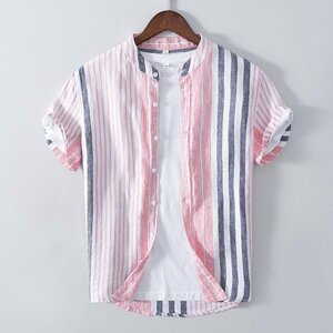 L ピンク リネンシャツ メンズ 半袖 ストライプ柄 麻 カラー配色 バンドカラー 通気 涼感 涼しい 夏 麻100％ 半袖シャツ 涼しい トップス
