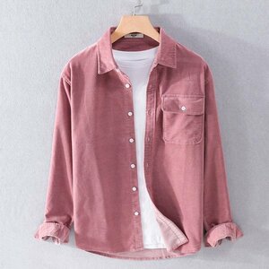 L ピンク カジュアルシャツ コーデュロイシャツ メンズ 長袖 無地 ポケット付き コール天 ストレッチ 暖かい 柔らかい ワークシャツ
