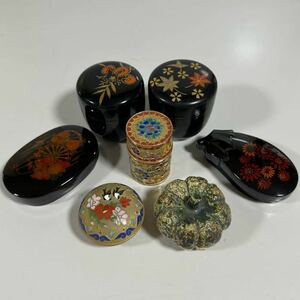 天然木製　漆器 金彩蒔絵　茶器 茶道具　中国美術　景泰藍　小盒　小物入　古物　時代物　7点セットまとめ売り