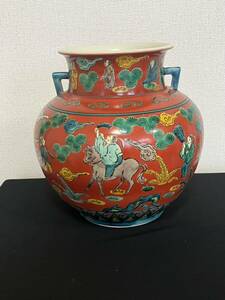 九谷焼 木米 色絵 金彩 双龍耳 花生 花瓶 高さ約25cm 管理A2167 青木木米様式 壺 角福 縁起物 古美術 花器 古玩 飾