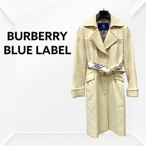 BURBERRY BLUE LABEL バーバリー ブルーレーベル 裏地チェック柄 ウール アンゴラ混 ベルト付き チェスターコート レディース FNF21-806-01