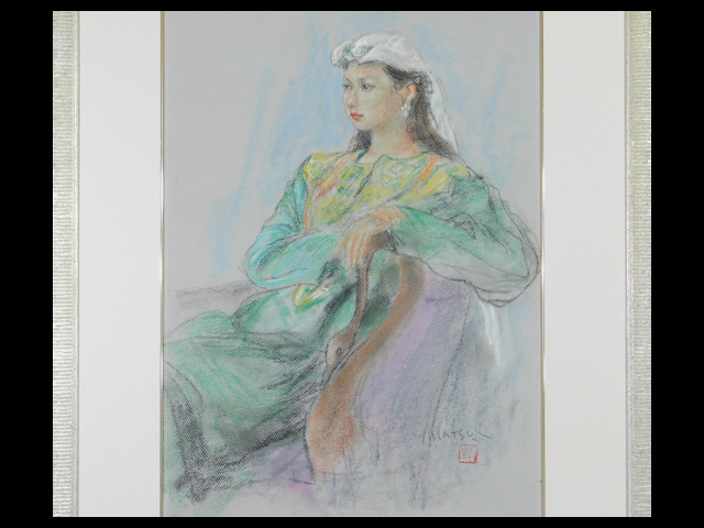 Matsui Shusei, Disfraz tradicional, Mujer árabe (hermosa mujer sentada en una silla, Persona), Pastel Pintura (Dibujo), Tamaño P10, enmarcado, Caja Especial, Directora Nikikai, Premio Ministro de Educación, Fallecido, s24012101, Obra de arte, Cuadro, dibujo al pastel, Dibujo con crayón