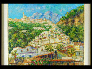 Claudio Bonanni(クラウディオ ボンナニ)Scorico a Positano(ポジターノ アマルフィ 町 風景画)F20号 油彩(油絵)額装 キャンバス s24012801