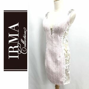 IRMA イルマ ドレス ワンピース キャバドレス ミニドレス ツイード シースルー ビジュー 花柄刺繍 タイト ピンク系 Mサイズ