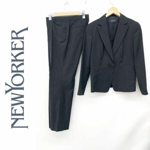 NEWYORKER ニューヨーカー パンツスーツ セットアップ レディース ジャケット 背抜き ウール混 ストライプ 大きいサイズ 黒 11 L 13 XL