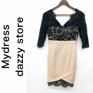 Mydress dazzy store デイジーストア ワンピース ドレス ミニ丈 タイト 花 レース 切替え ブラック×ピンク サイズS