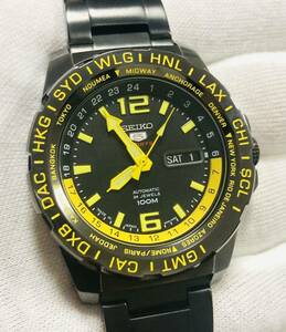 KGNY3723 美品 SEIKO5 SPORTS セイコー 4R36-04A0 自動巻き 24石 デイデイト 3針 裏スケルトン 黒文字盤 黒×黄 メンズ 腕時計 現状品