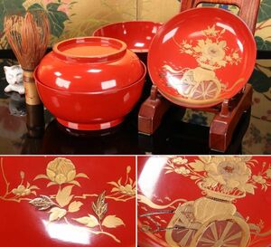 BE550　時代輪島塗　花車金蒔絵　朱椀　吸物椀　二客　菓子椀　煮物椀　汁椀　漆器　漆塗　木製