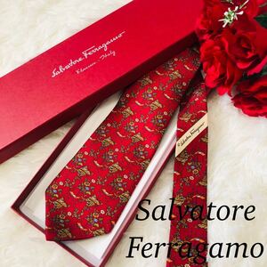 Salvatore Ferragamo サルヴァトーレ フェラガモ メンズ 男性 紳士 ネクタイ 総柄 虎 トラ 動物 ボルドー ビジネス 結婚式 美品 剣先9.5cm