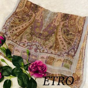 ETRO エトロ 女性 レディース スカーフ ブランドスカーフ 大判スカーフ 総柄 大判 ヴィンテージ ペイズリー ブルー系 青 134×42cm