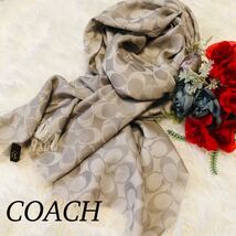 COACH コーチ レディース 女性 マフラー ブランドマフラー ベージュ シグネチャー柄 薄い グレー 上品 サイズ 60×160cm_画像1