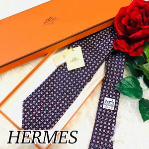 HERMES エルメス メンズ 男性 紳士 ネクタイ ハイブランド 総柄 亀 カメ ネイビー 紺 ビジネス 結婚式 新品未使用 タグ付き 剣先7.8cm