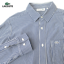 日本製 LACOSTE ロンドンストライプ 長袖シャツ 鹿の子ストレッチ ネイビー 銀ワニ 4_画像1